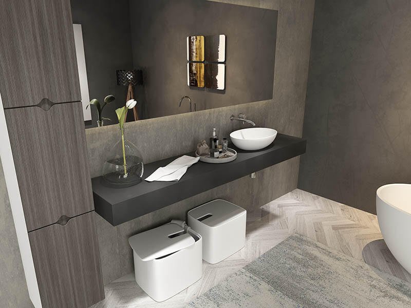 The clean bathroom decor with oval solid surface basin mounted onto vanity top -At8005
