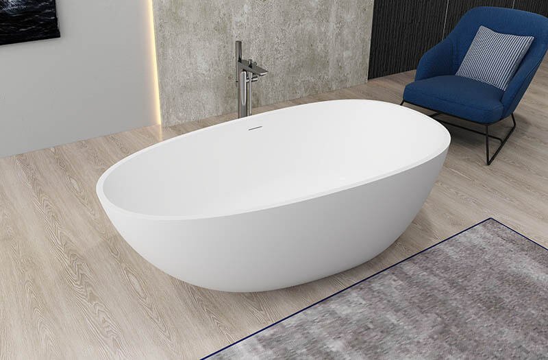 oval shape freestanding bathtub Eggie 45 degree view, solid surface tub