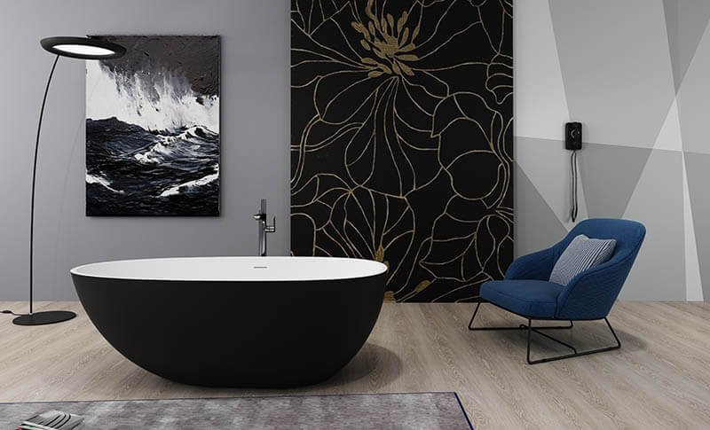 oval freestanding bathtub with black & white color