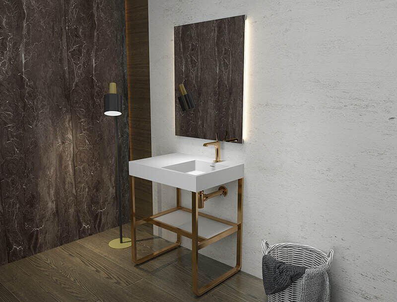 solid surface bathroom sink with golden metal frame